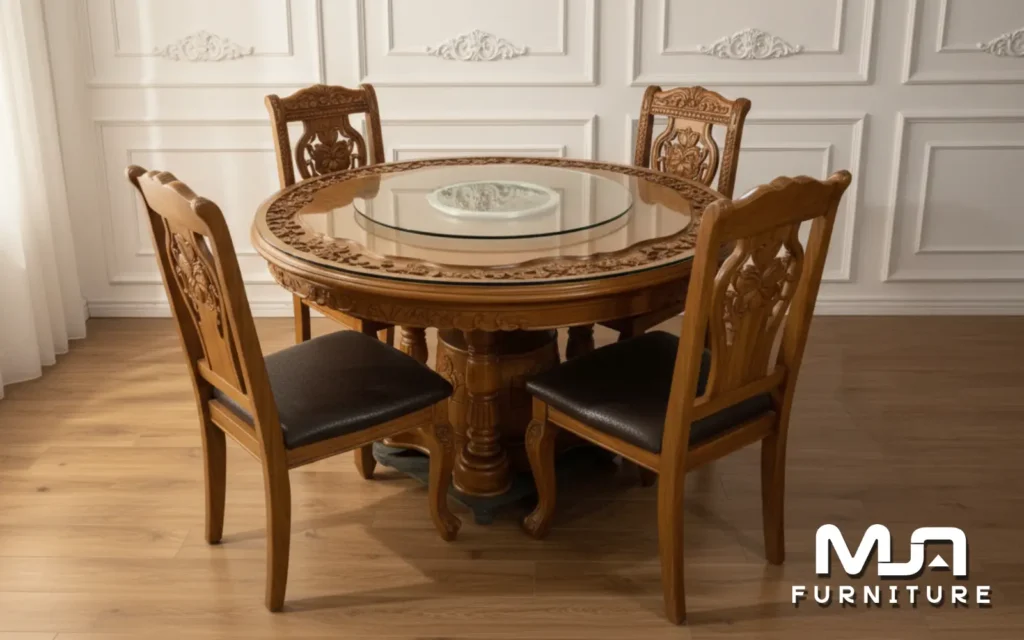 Meja Jati Ukir Mawar Model Bundar Set 4 Kursi