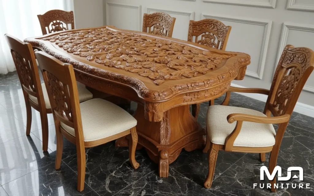 Set Meja Makan Ukir Bunga 6 Kursi Relief Jepara