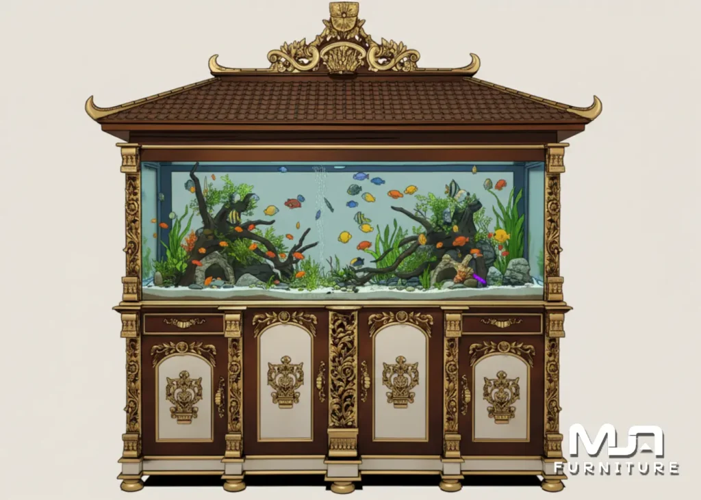 Bufet Meja Aquarium Jati Klasik Ukiran Mewah Jepara