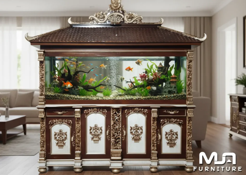 Lemari Meja Aquarium Jati Klasik Ukiran Mewah Jepara