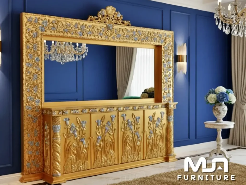 Set Meja Konsol Cermin Klasik Ukiran Emas Jepara dari MJA Furniture